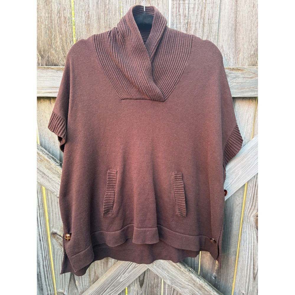 JJ Basics Womens Chocolate Brown Turtleneck Poncho Sweater Knit Pockets XS/S